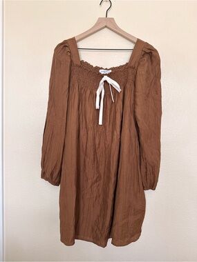 Carly Jean Los Angeles Brown Puff Sleeve Midi Dress with White Tie